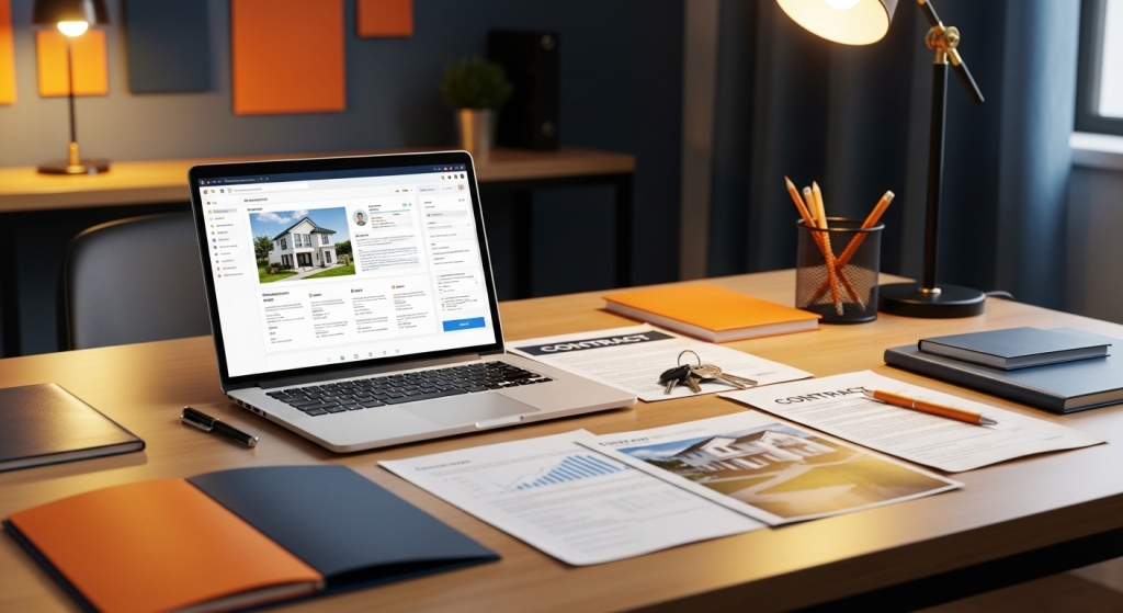 Рабочее место частного риэлтора — ноутбук с CRM, документы и ключи