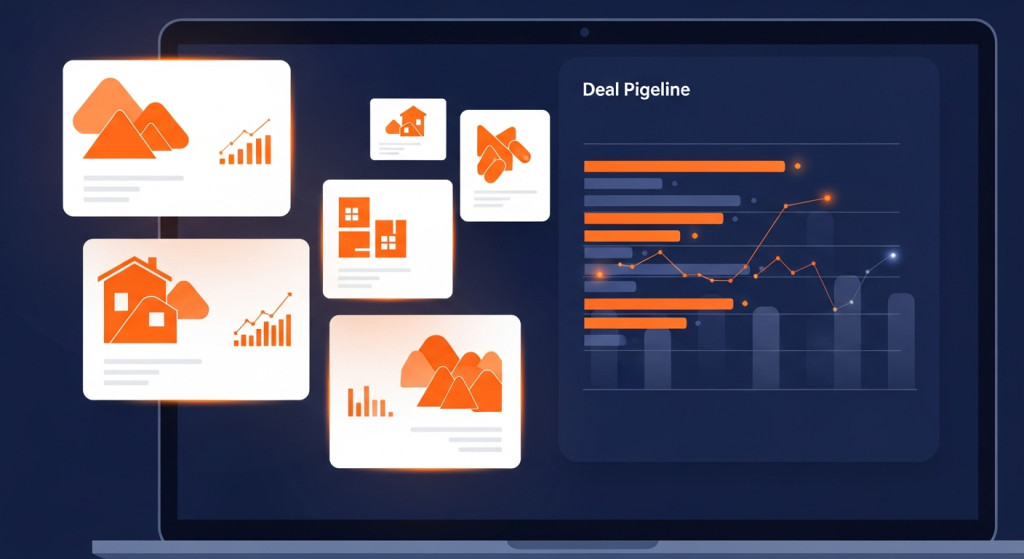 CRM для частного риэлтора 2026 — интерфейс CRM на ноутбуке, корпоративный стиль оранжевый и синий