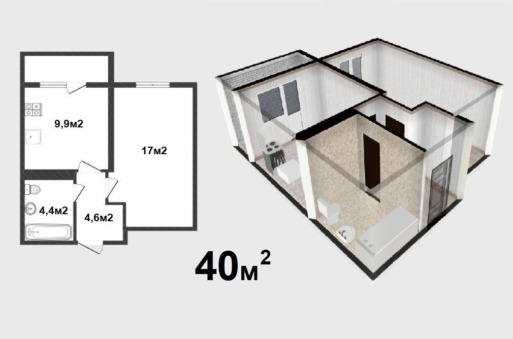 1-комнатная квартира 40 м², Мирное — фото 2